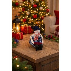 Vintage 1980s Snowman Figurine Muslin Wood Christmas Decor 9"